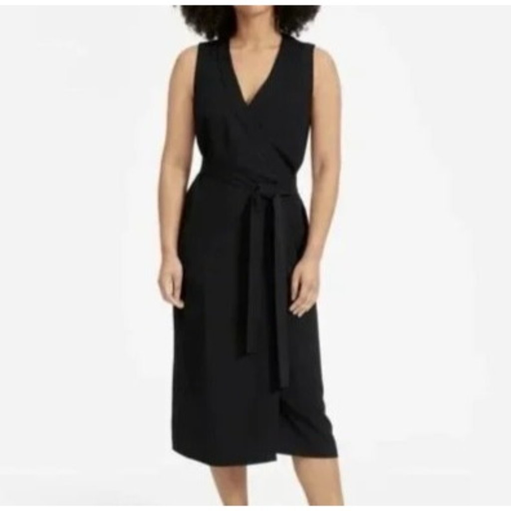 Everlane 12 Black Japanese Goweave Sleeveless Wrap Dress V Neck Lbd Midi
